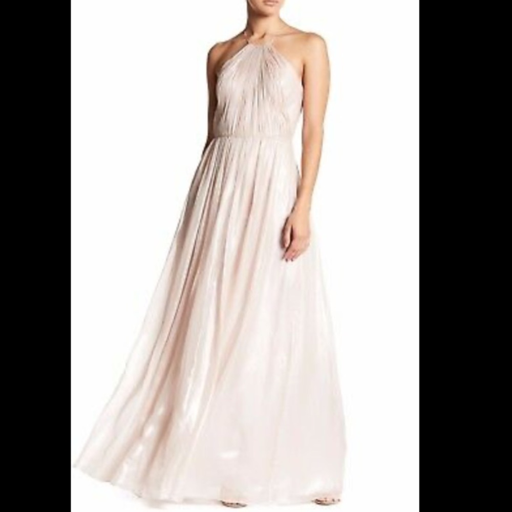 Vera Wang Halter Spaghetti Strap Criss Cross Ruched gown color pale pink blush